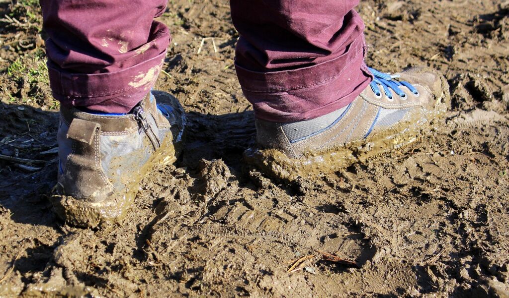 Mud covered sneakers stepping in a patch of mud.